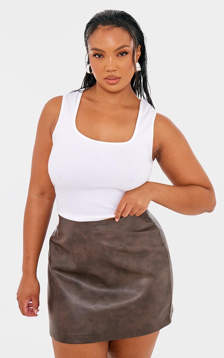 Plus Brown Faux Washed Leather Mini Skirt Product Image