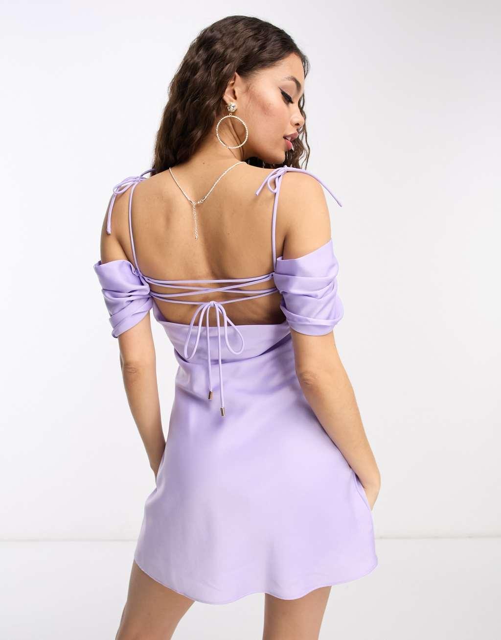 Ever New Petite off shoulder mini dress in lilac satin Product Image