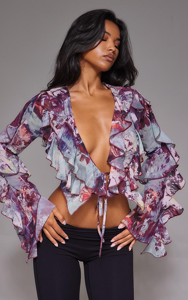 Purple Printed Sheer Woven Ruffle Tie Crop Blouse Product Image