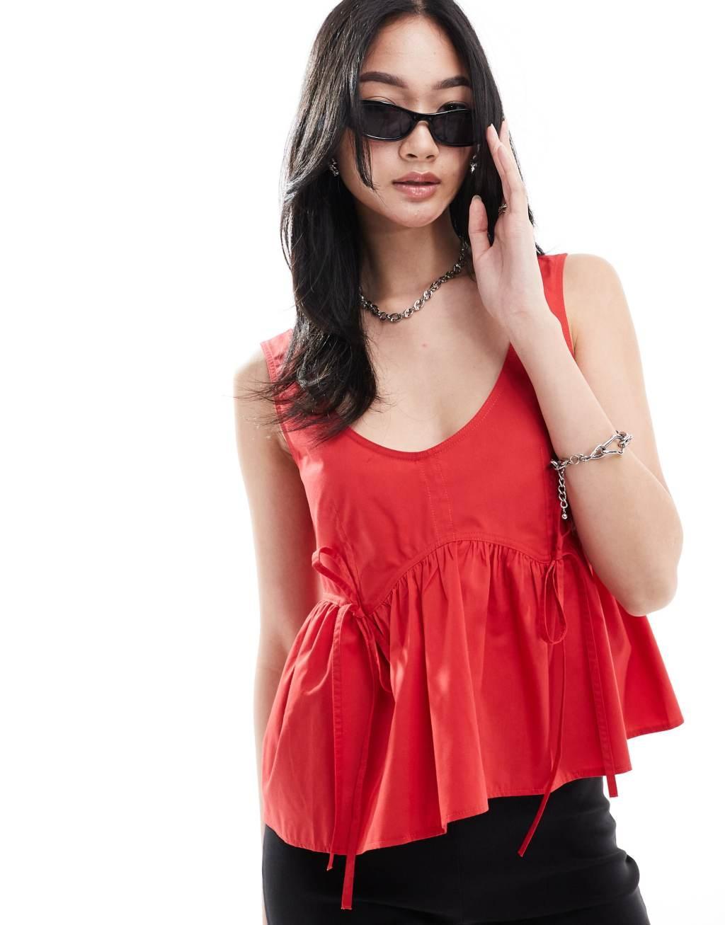 COLLUSION poplin smock top with tie detail in red Product Image