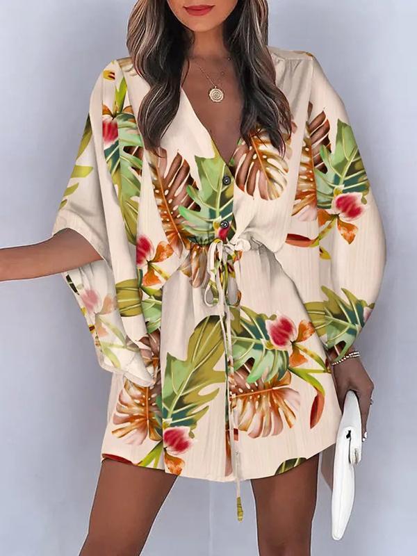 Original Loose Floral Printed Tied Buttoned Mini Shirt Dress Product Image