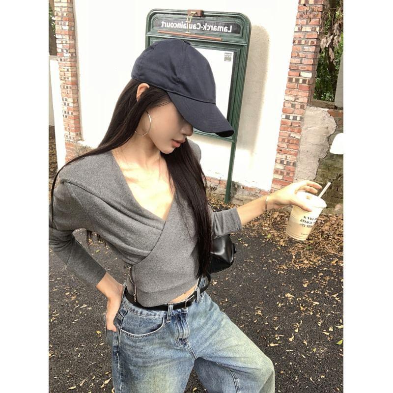 Long-Sleeve Half Zip Hooded Plain Crop Top Product Image