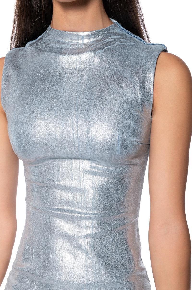 INTO THE NIGHT DENIM BODYCON MINI DRESS IN SILVER Product Image