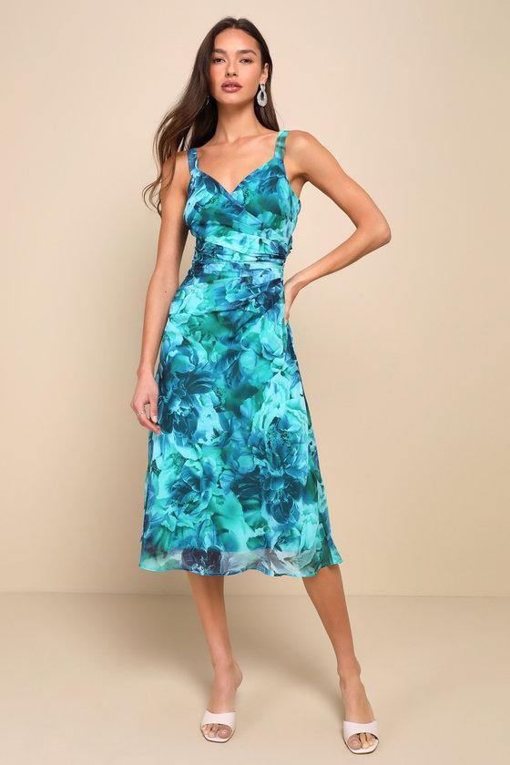 Ethereal Sweetie Teal Green Floral Chiffon Pleated Midi Dress Product Image