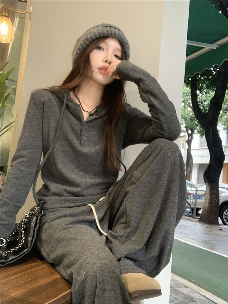 Long-Sleeve Plain Hooded Top / Drawstring Waist Loose-Fit Pants Product Image