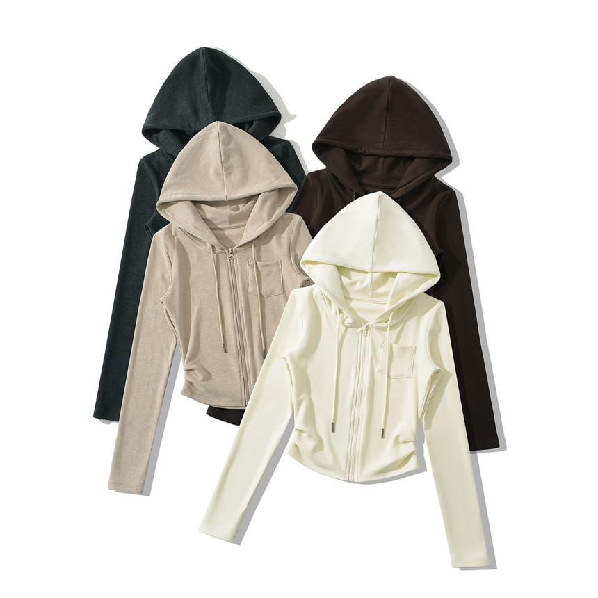 Long Sleeve Plain Slim-Fit Zip-Up Hooded Jacket Product Image