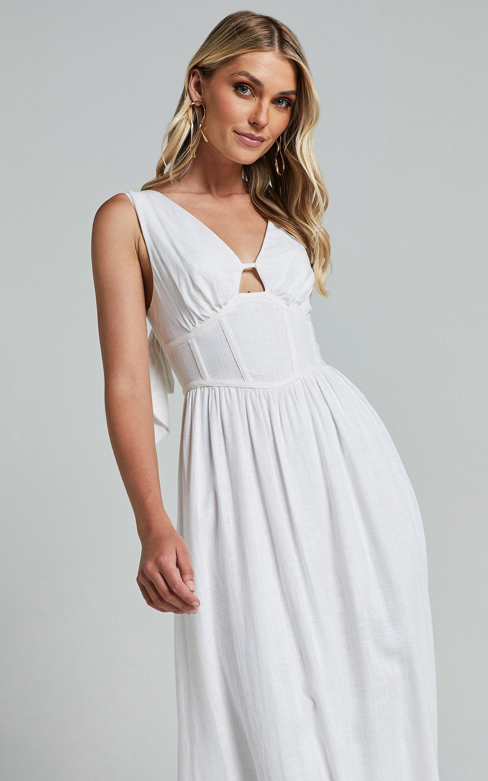 Amalie The Label - Chamika Linen Blend Bustier Double Tie Back Midi Dress in White Product Image