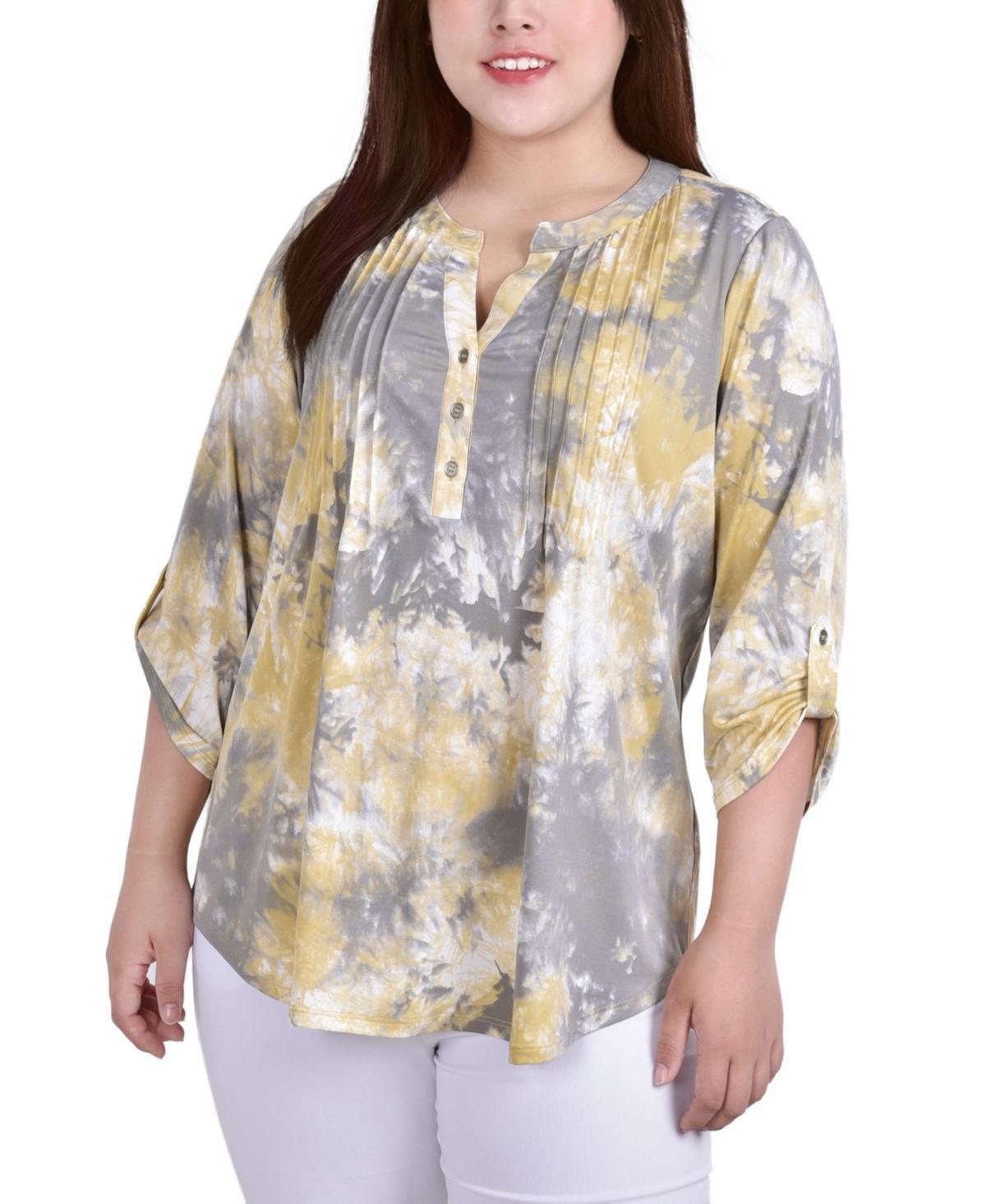 Plus Size Knit Jacquard 3/4 Sleeve Roll Tab Top Product Image