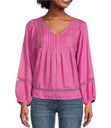 Lucky Brand Floral Print Pintuck Lace V-Neck Long Blouson Sleeve Top Product Image