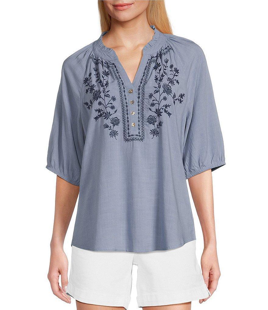 Westbound Petite Size 3/4 Sleeve Ruffle V-Neck Embroidered Yoke Top Product Image