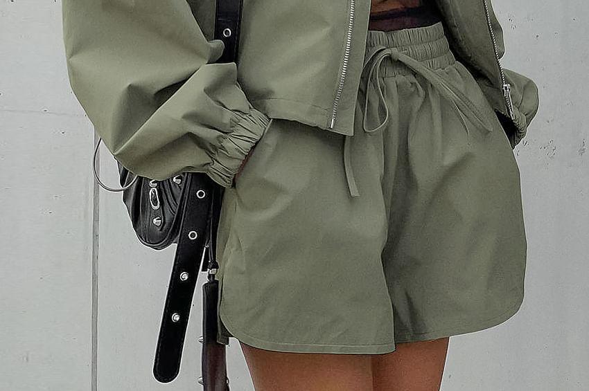 Set: Stand Collar Plain Zip-Up Crop Jacket + High Waist Wide Leg Shorts Product Image