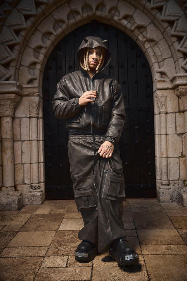 Trippie Redd Relaxed Faux Leather Elastic Waist Cargo Pants | boohooMAN USA Product Image