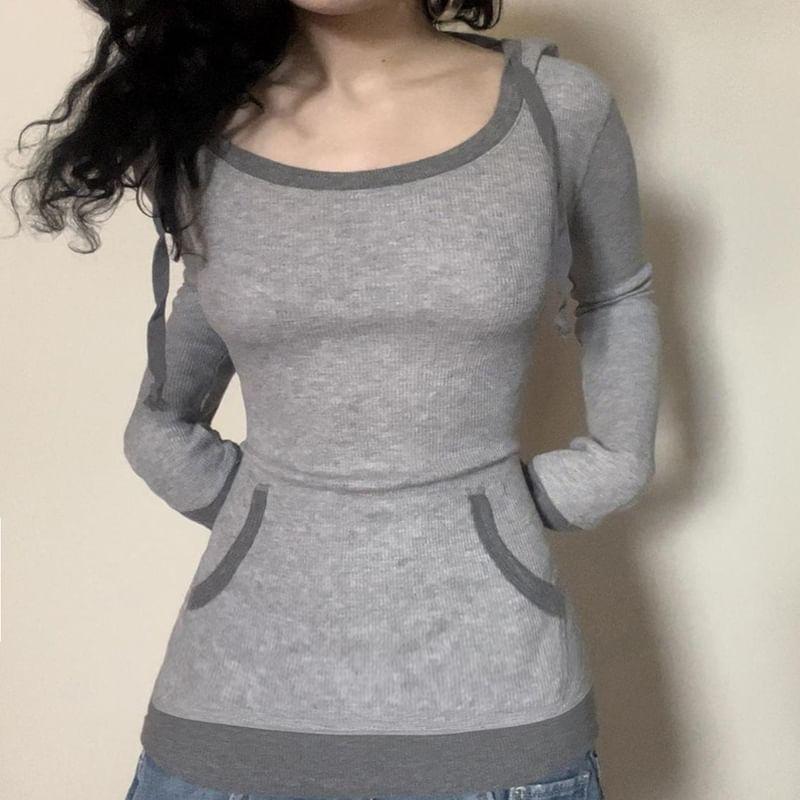 Long Sleeve Square-Neck Contrast-Trim Slim-Fit Knit Top Product Image