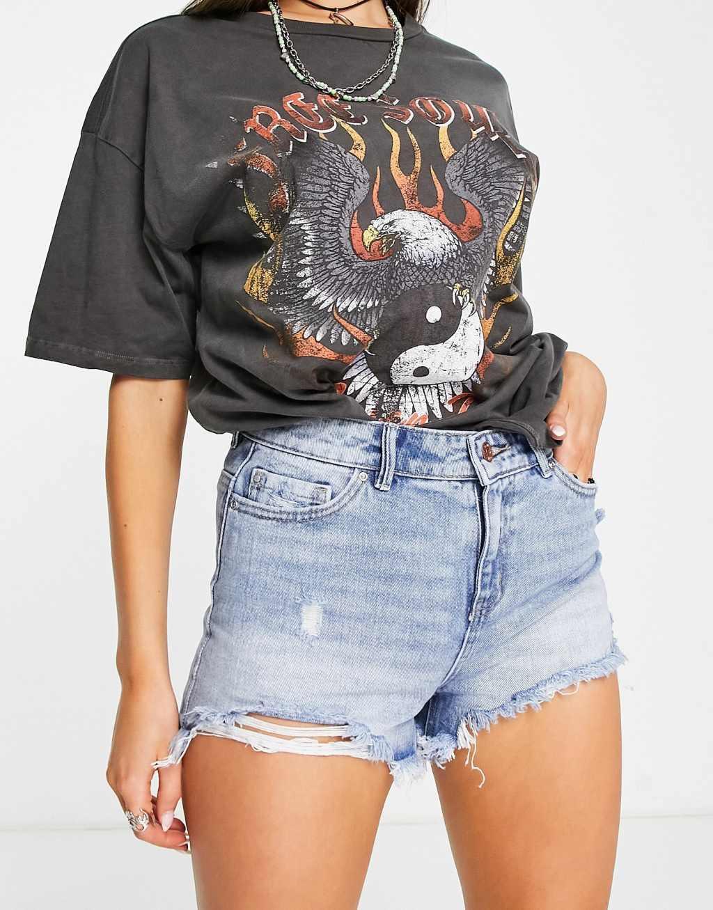 Only Pacy high waisted ripped denim shorts Product Image