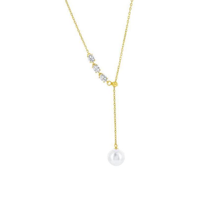 Sterling Silver or Gold Plated over Sterling Silver 8mm Pearl, Triple Oval Cz Lariat Necklace Product Image