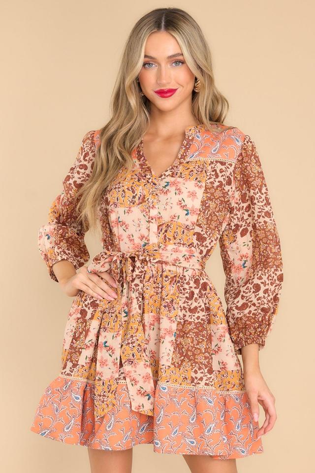 Burning Stories Brown Patchwork Mini Dress Light Brown Product Image