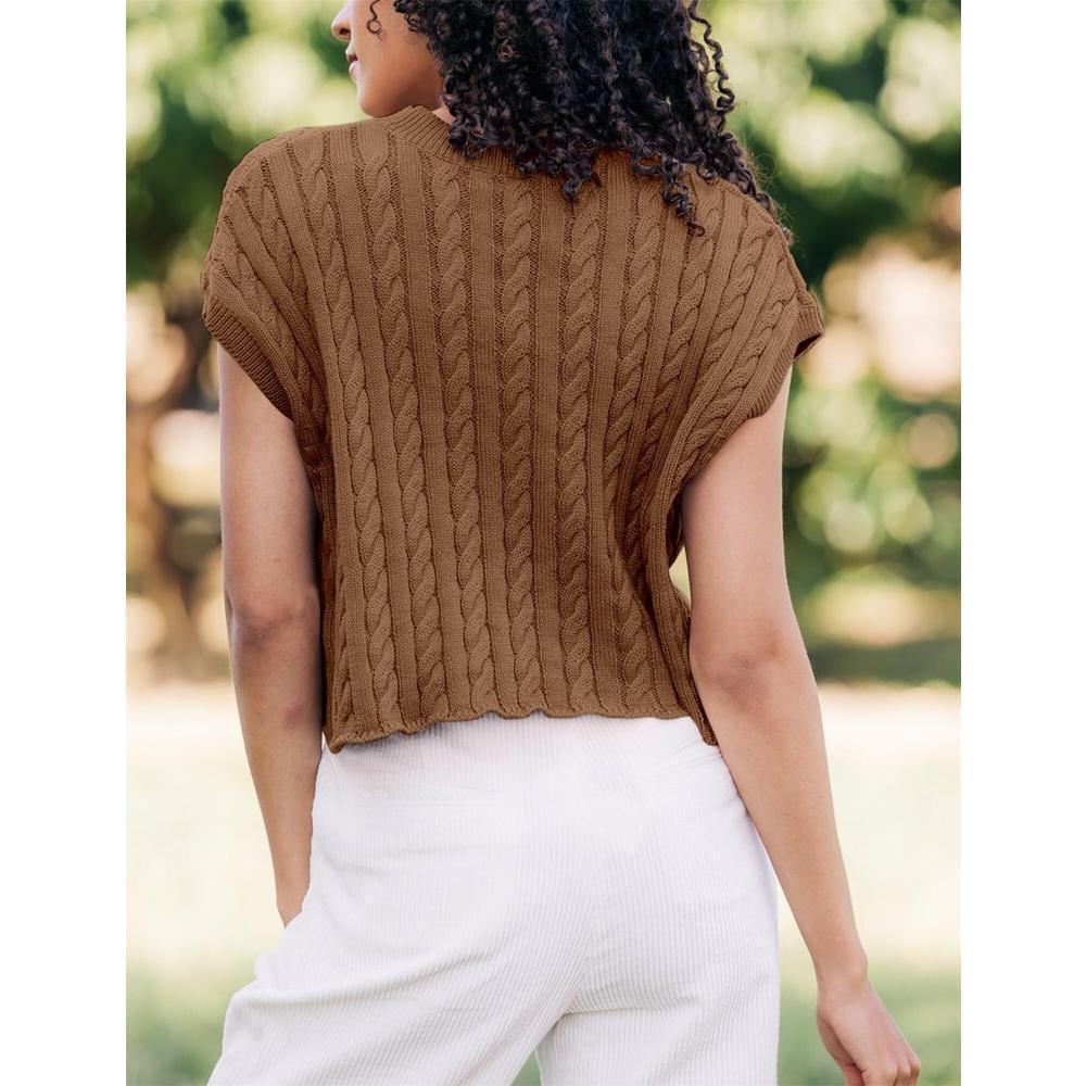 Women's Cap Sleeve Cropped Sweater Vest Casual Loose Crewneck Pullover Sweater Crop Tops Cable Knit Sweater Summer Sleeveless Tops - Light Brown,XL Product Image