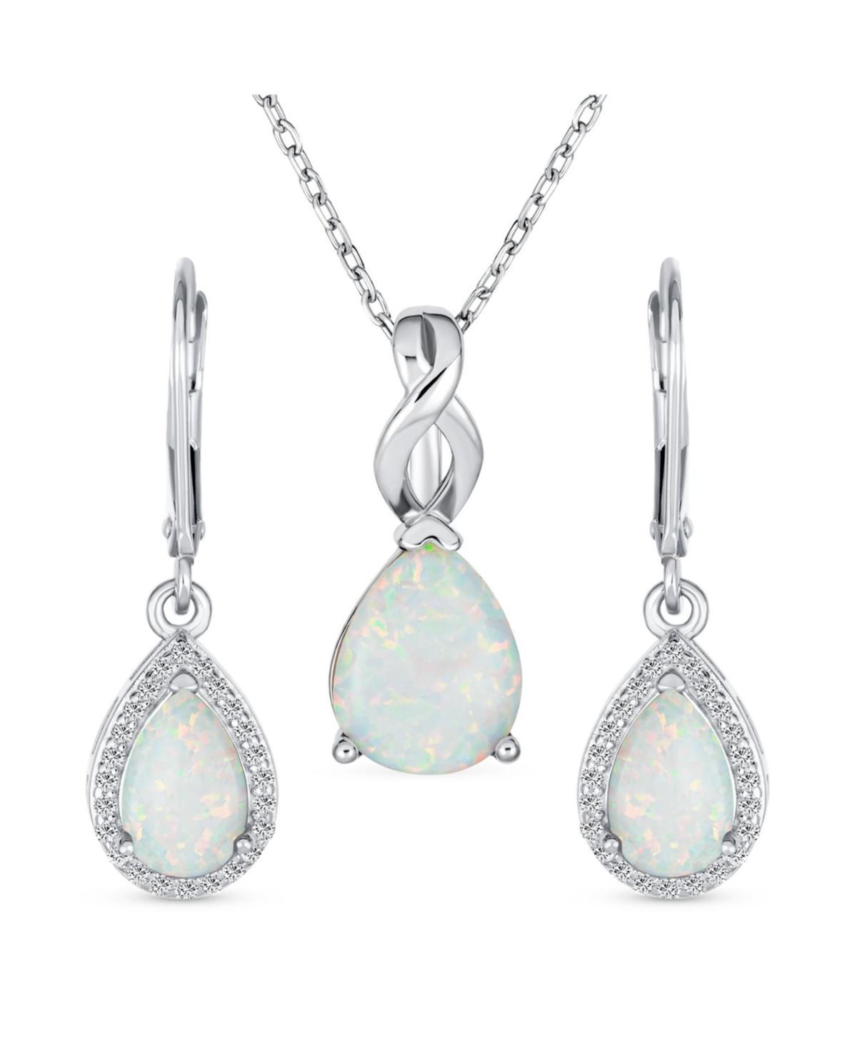 Bling Jewelry Traditional Elegant Cz Accent Halo Solitaire White Created Opal Teardrop Earrings Pendant Jewelry Set For Women .925 Sterling Silver - S Product Image