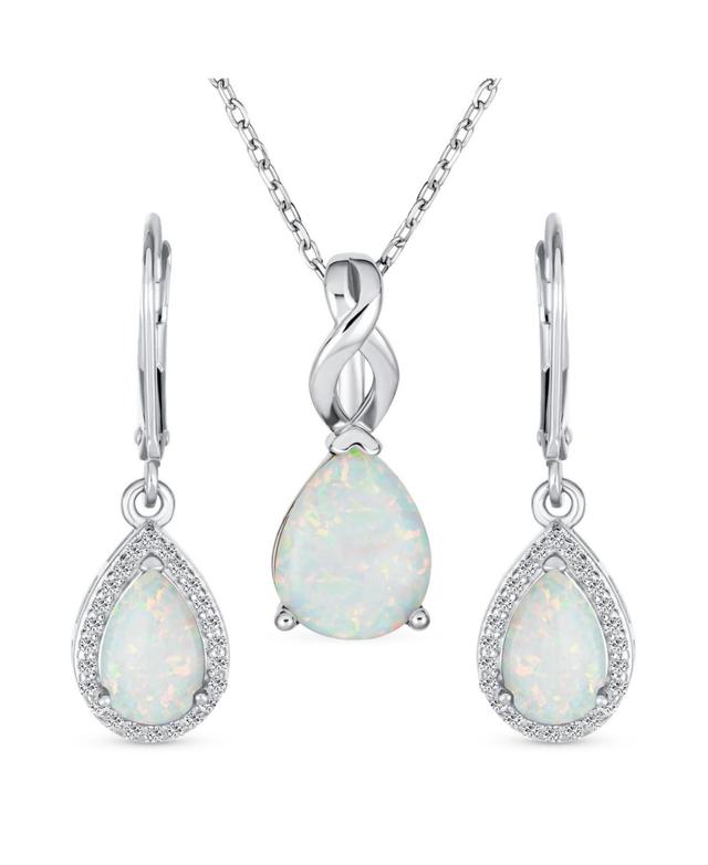 Bling Jewelry Traditional Elegant Cz Accent Halo Solitaire White Created Opal Teardrop Earrings Pendant Jewelry Set For Women .925 Sterling Silver - S Product Image