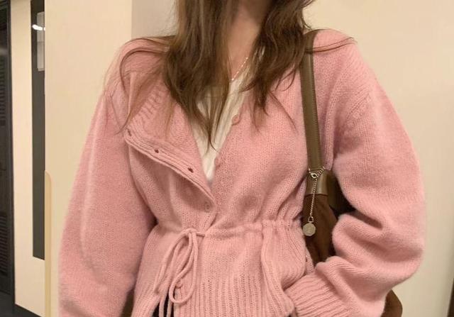 Round Neck Plain Drawstring Waist Cardigan Product Image