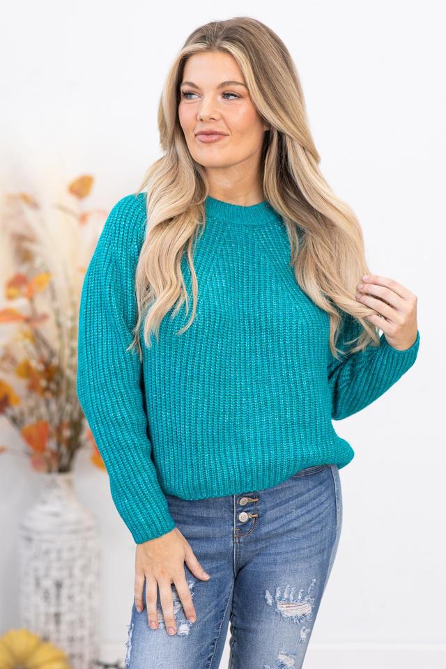 Teal Ribbed Round Neck Sweater Product Image