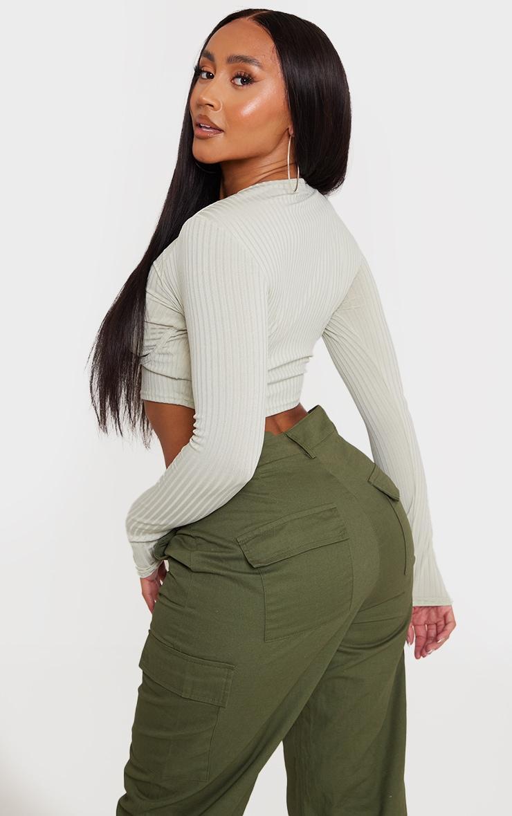 Shape Sage Green Rib Underbust Long Sleeve Crop Top Product Image