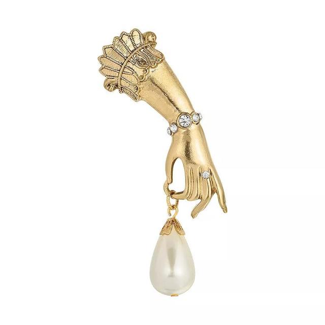 1928 Gold Tone Ladys Hand Pin with Simulated Pearl & Crystal Accents, Womens, White Product Image