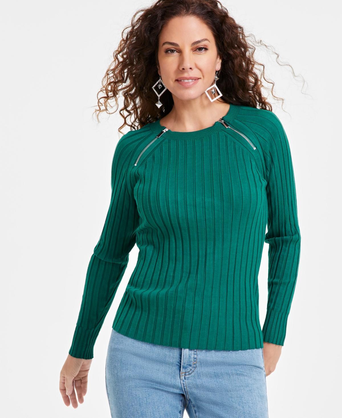 I.n.c. International Concepts Womens Zipper Detail Ribbed Long Sleeve Sweater, Created for Macys Product Image