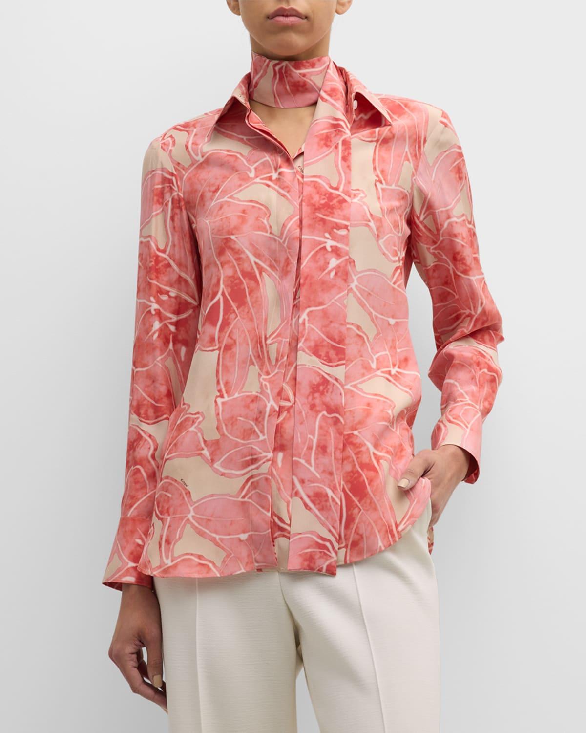 Floral-Print Long-Sleeve Neck-Scarf Silk Blouse Product Image