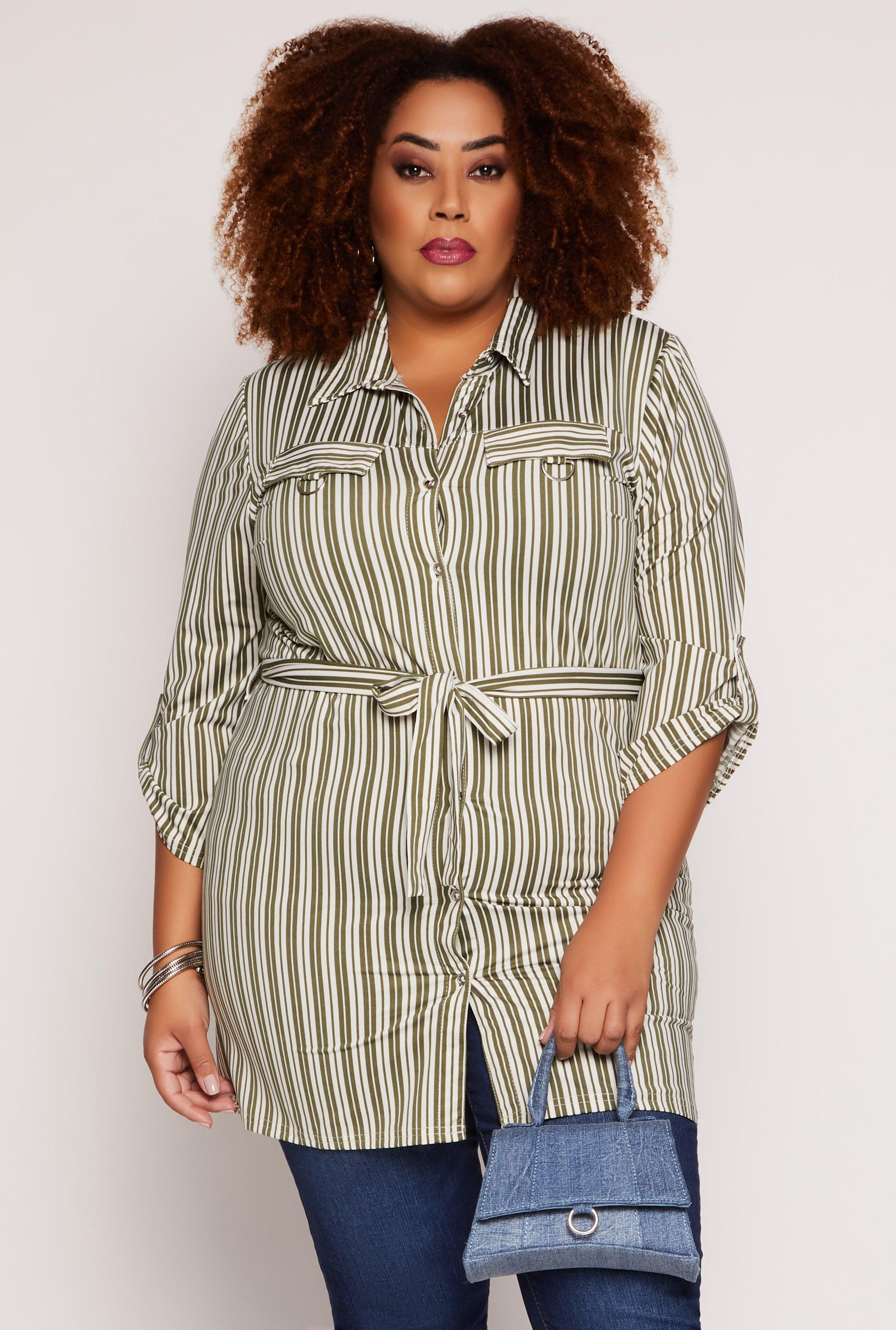 Womens Plus Size Striped Tie Waist Button Front Tunic Shirt Product Image