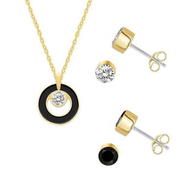 Royal Aura Black Enamel Necklace & Crystal Stud Earring Trio Set, Womens Gold Tone Black Product Image