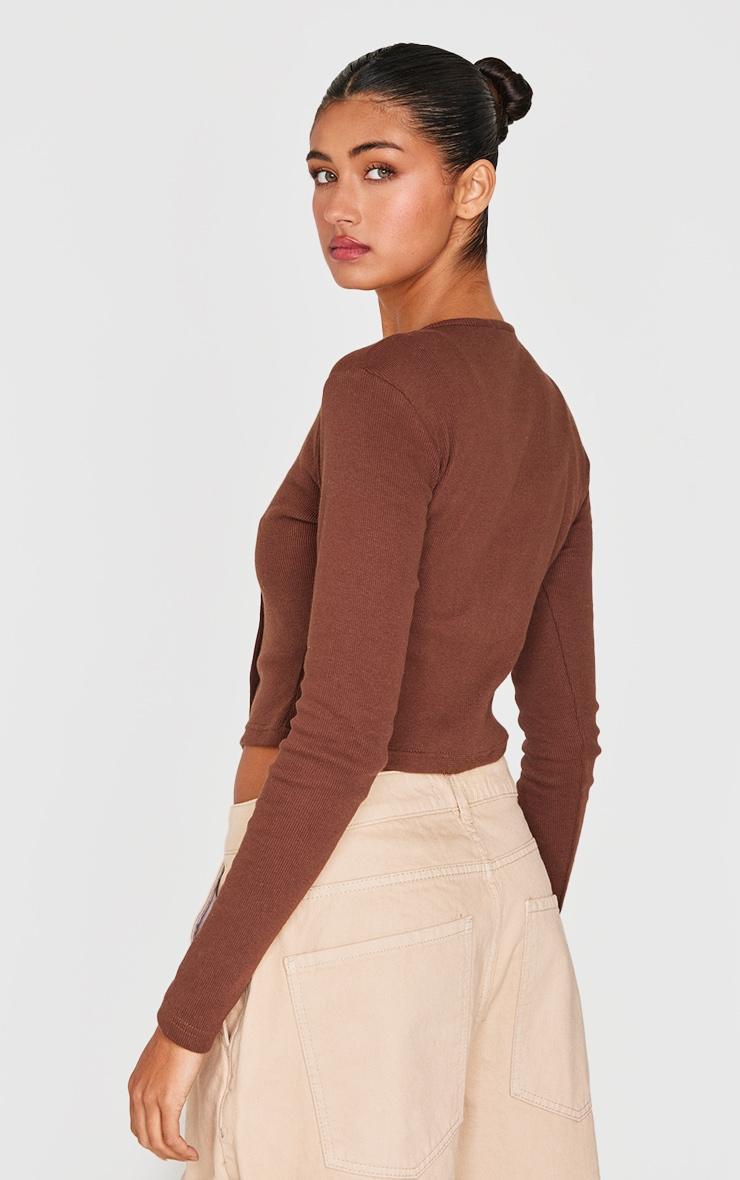 Chocolate Ribbed Aysmmetric Button Down Fitted Long Sleeve Top Product Image