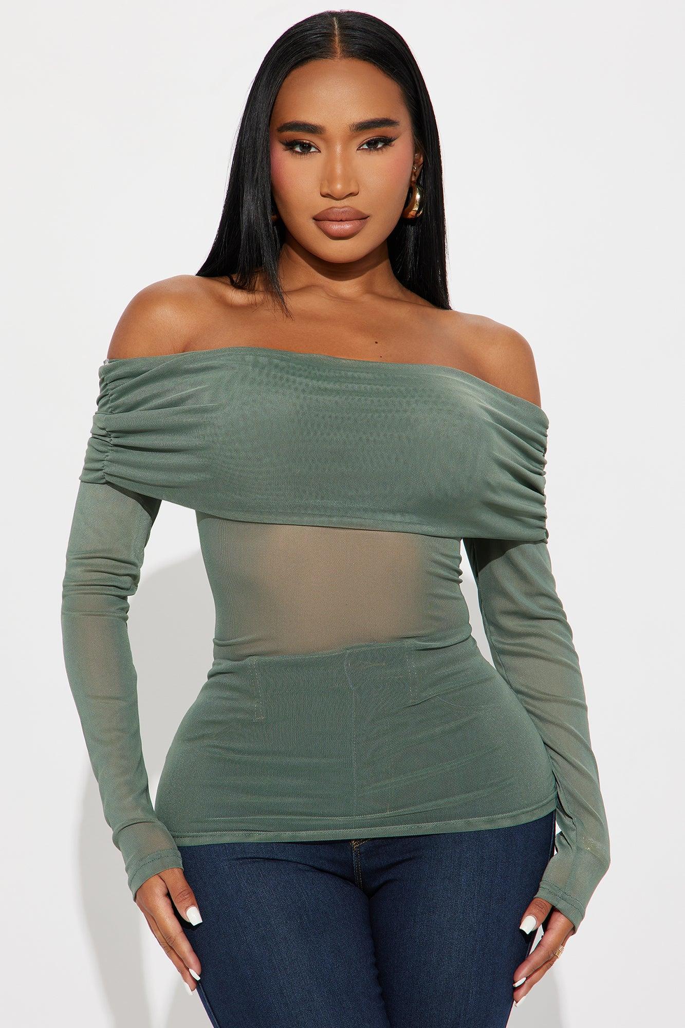 Gina Off Shoulder Mesh Top - Olive Product Image