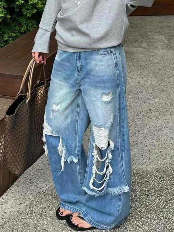 Mid Waist Distressed Washed Wide Leg Jeans Product Image