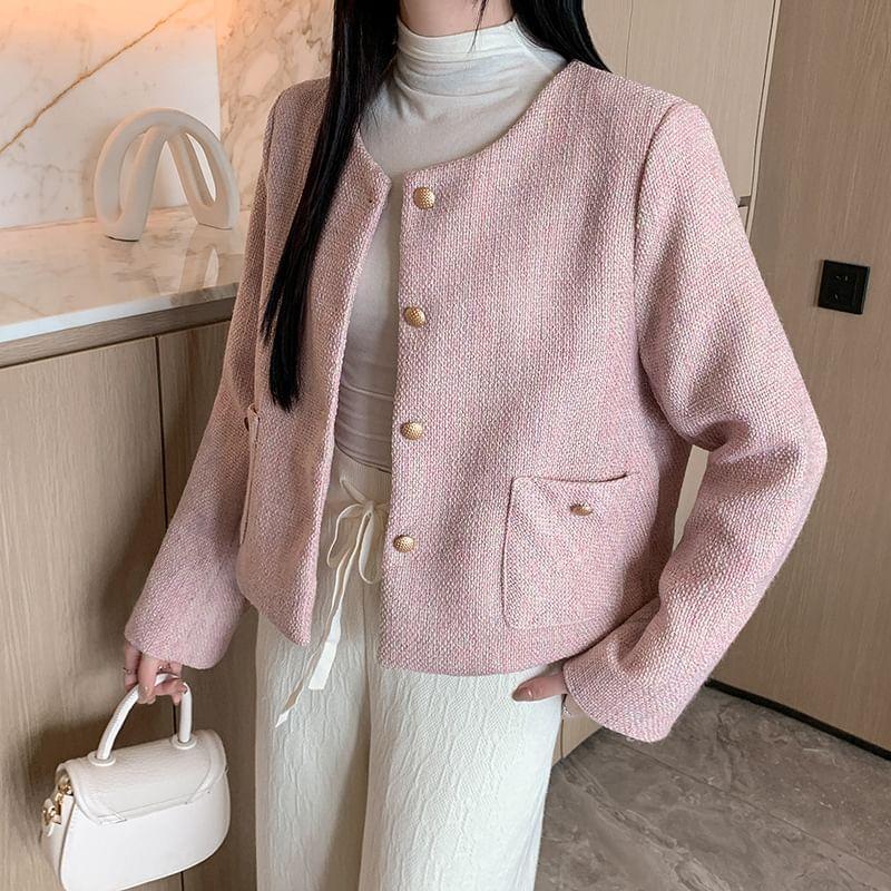 Round Neck Tweed Button Cropped Jacket Product Image