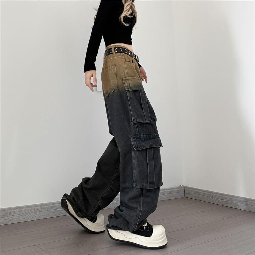 Mid Waist Gradient Washed Wide Leg Cargo Jeans Product Image