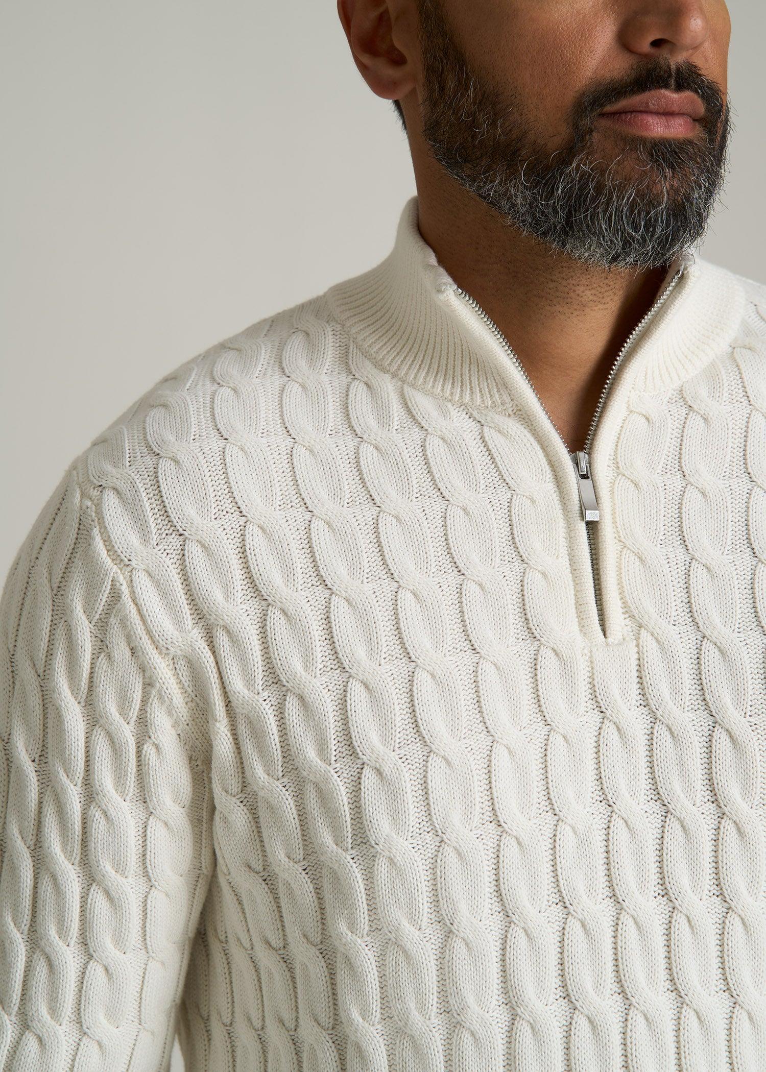 Cable Knit Half Zip Sweater for Tall Men in Ivory White Product Image