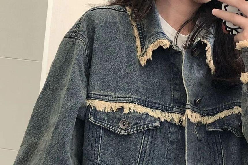 Collared Fringe Trim Washed Denim Oversized Jacket Product Image