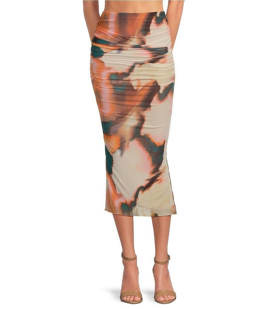 AFRM Ginger Mesh Abstract Print Ruched Pull-On Midi Skirt Product Image