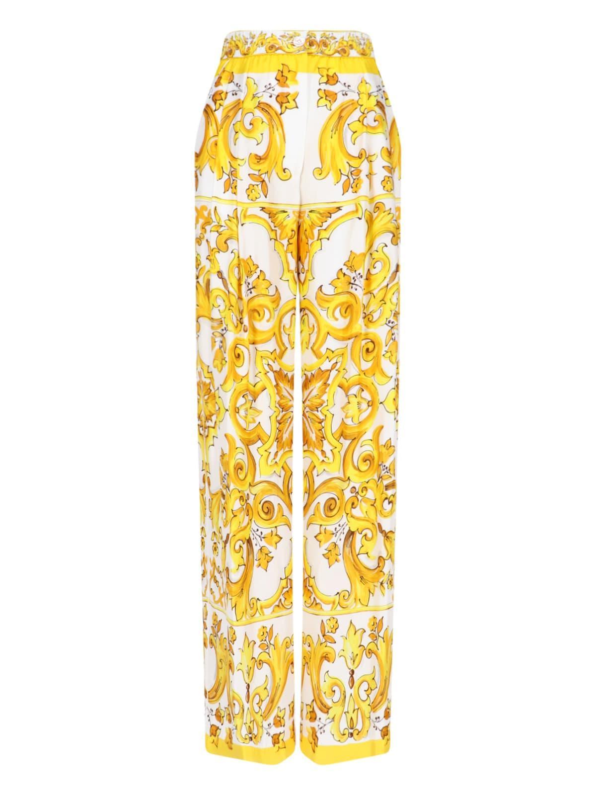 DOLCE & GABBANA Maiolica Printed Silk Wide Pants In Yellow Product Image