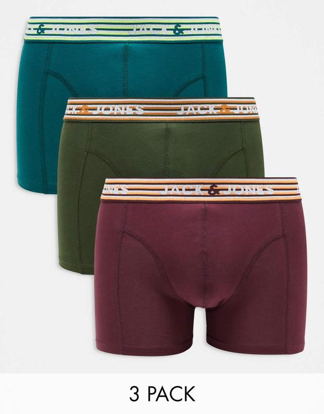 Jack & Jones 3 pack trunks with neon striped waist band in green & burgandy Product Image