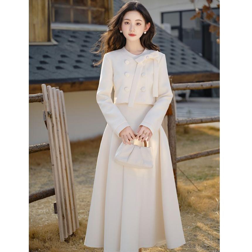 Set: Crew Neck Plain Bow Accent Double-Breasted Crop Jacket + High Waist Maxi A-Line Skirt Product Image