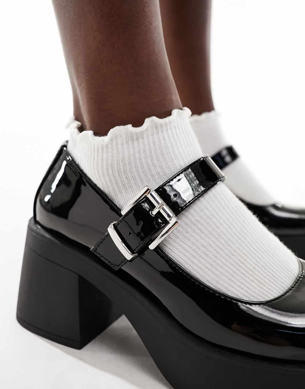 ASOS DESIGN Sebastian chunky mary jane heeled shoes in black patent Product Image