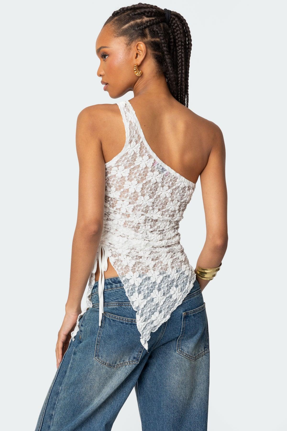 Lacey Sheer Asymmetric Drawstring Top Product Image