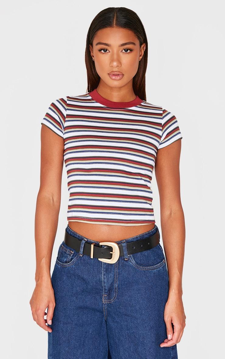  Burgundy Striped Contrast Collar Short Sleeve Top Product Image