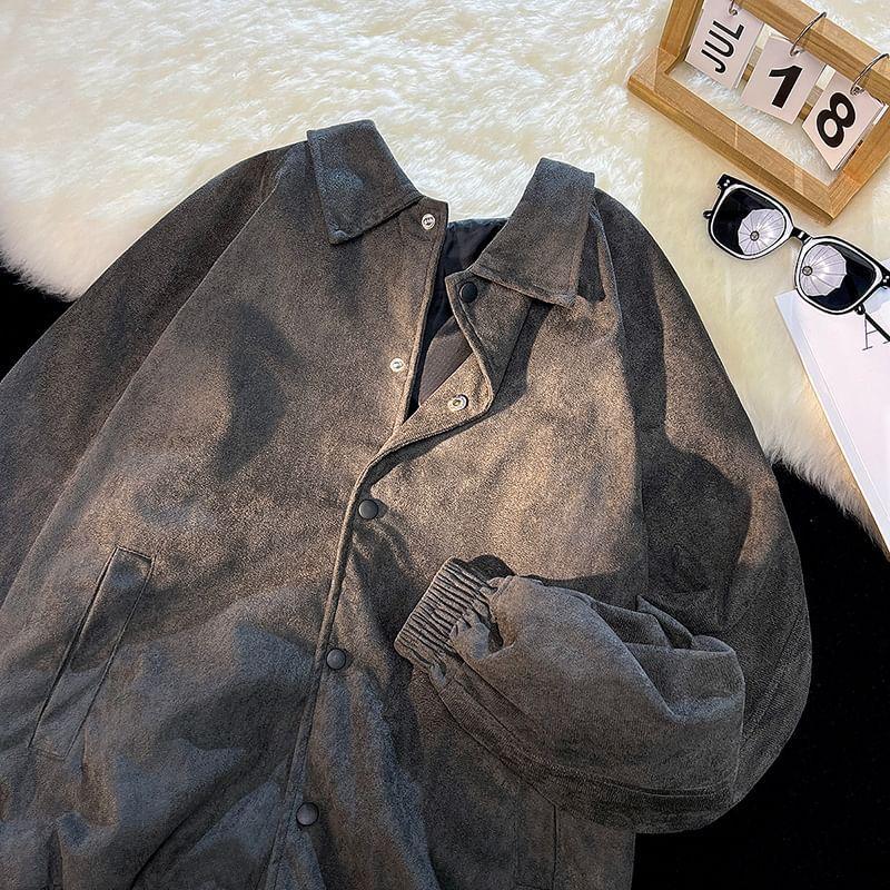 Lapel Collar Plain faux Leather Button Up Jacket Product Image