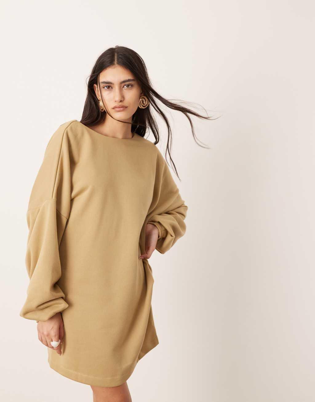 ASOS EDITION jersey crew neck mini dress with open back detail in khaki product image