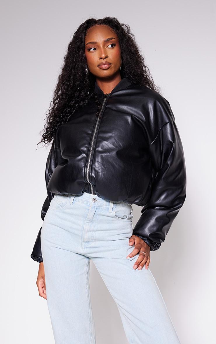 Black Faux Leather Oversized Bomber Jacket Product Image