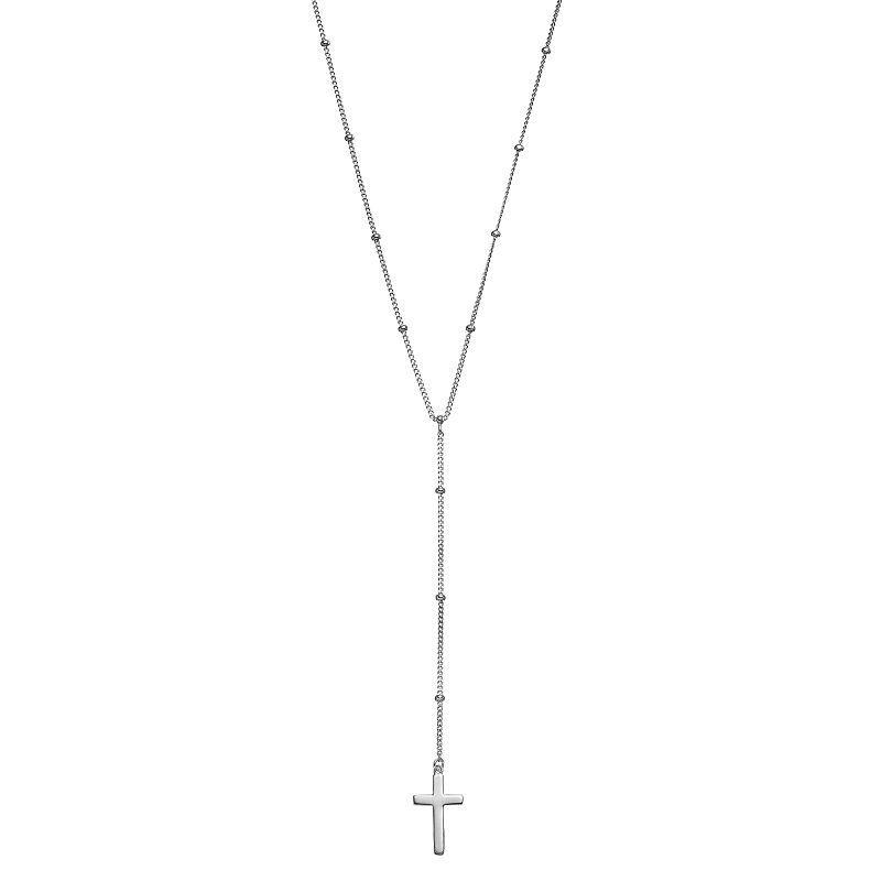 Sterling Silver Beaded Cross Y Necklace, Womens Grey Product Image