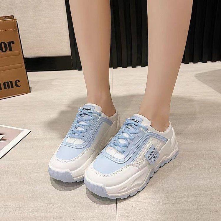 Platform Two Tone Lace-Up Faux Leather Mule Sneakers Product Image